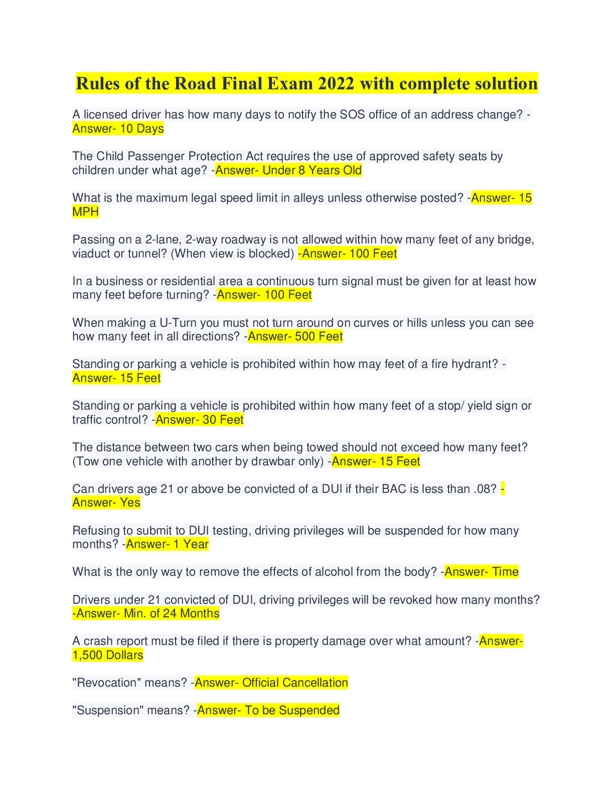 Preview image for Rules of the Road Final Exam 2022 with complete solution